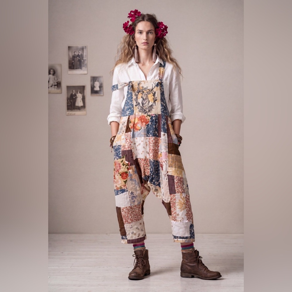 “Clochard de Luxe” Patchwork Floral Overalls in Blue, Cream & Brown - Picture 10 of 12